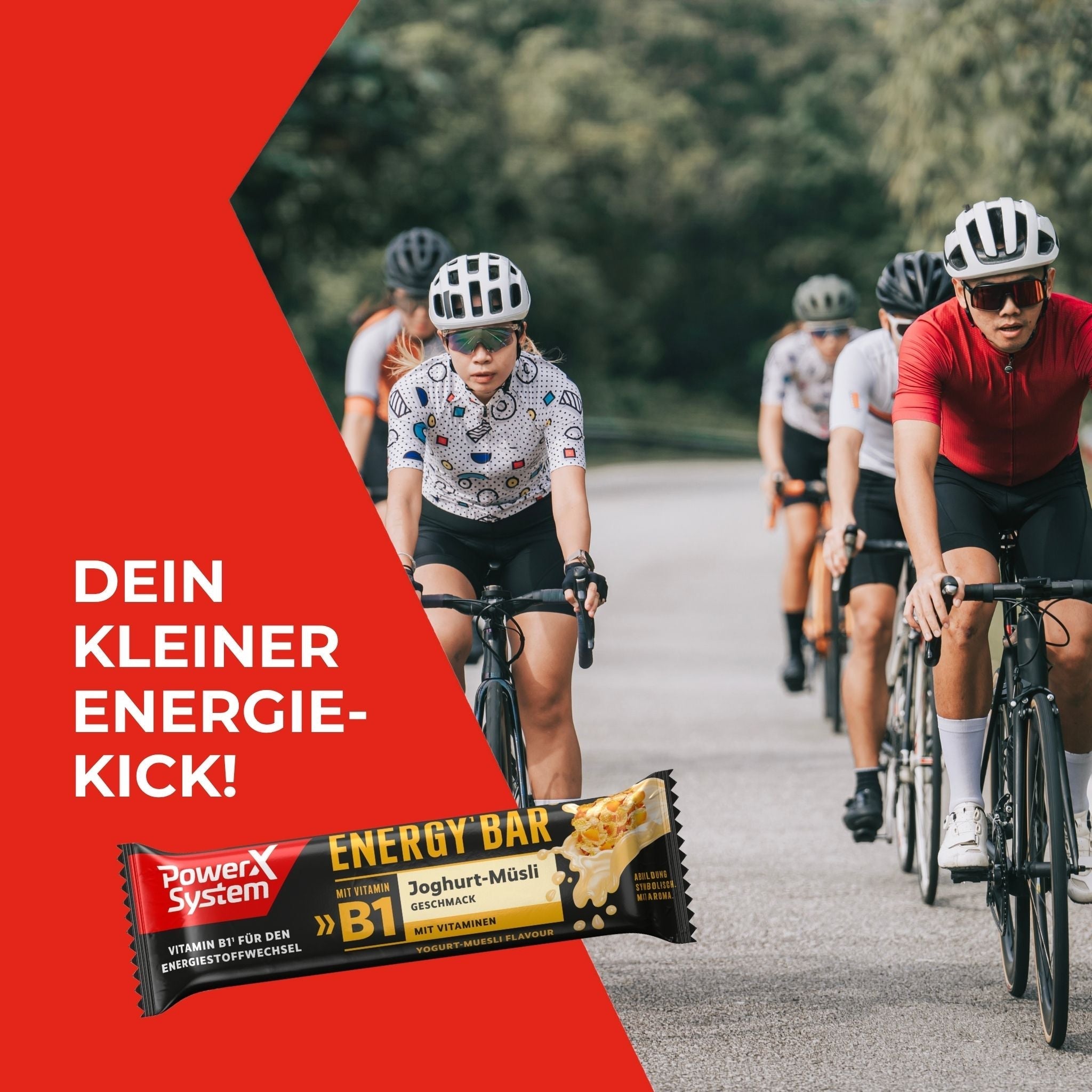Gruppe Radfahrer. Text Dein kleiner Energie-Kick - Energ Bar
