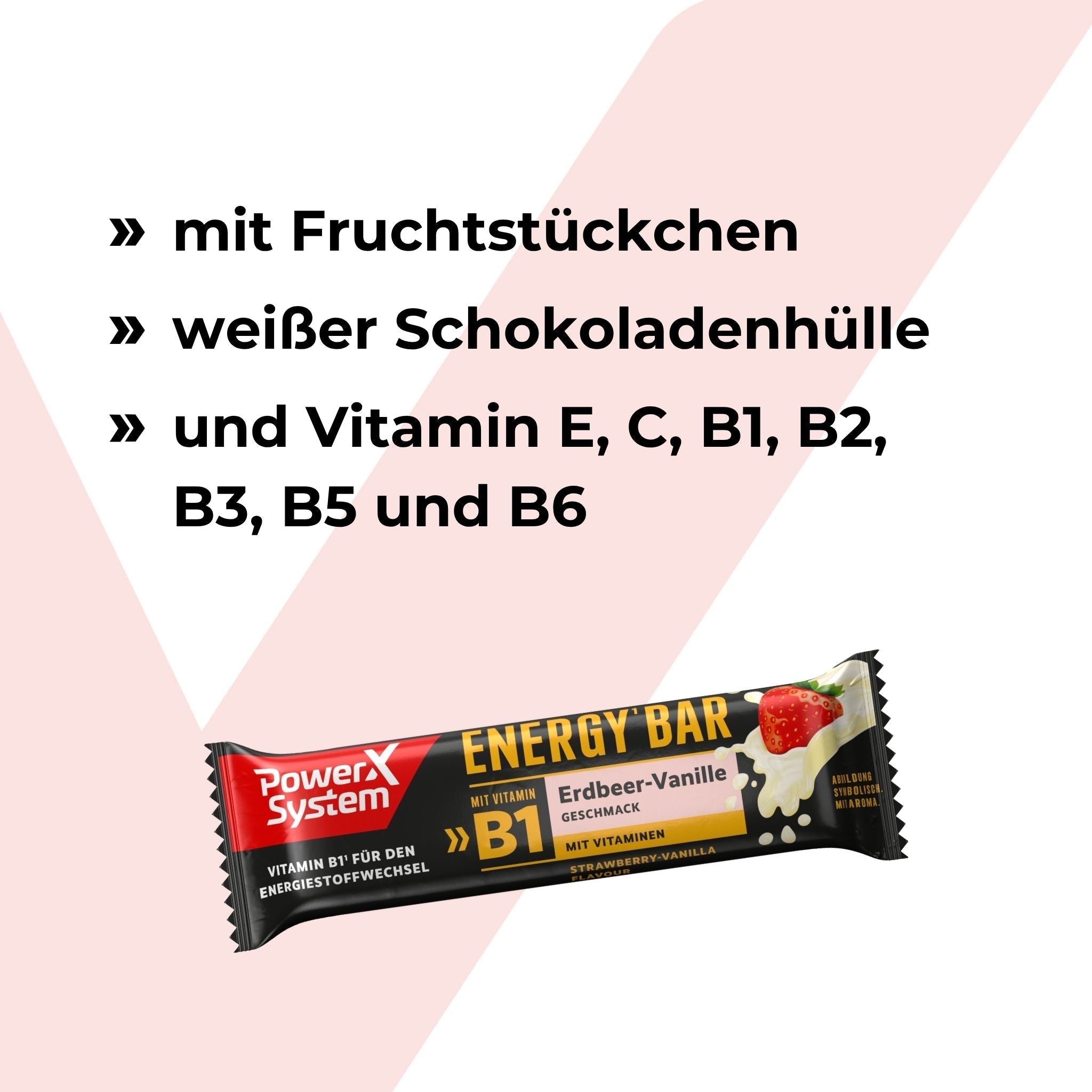 mit Fruchtstückchen, weißer Schokolade und Vitamin E, C, B1, B2, B3, B5 und B6