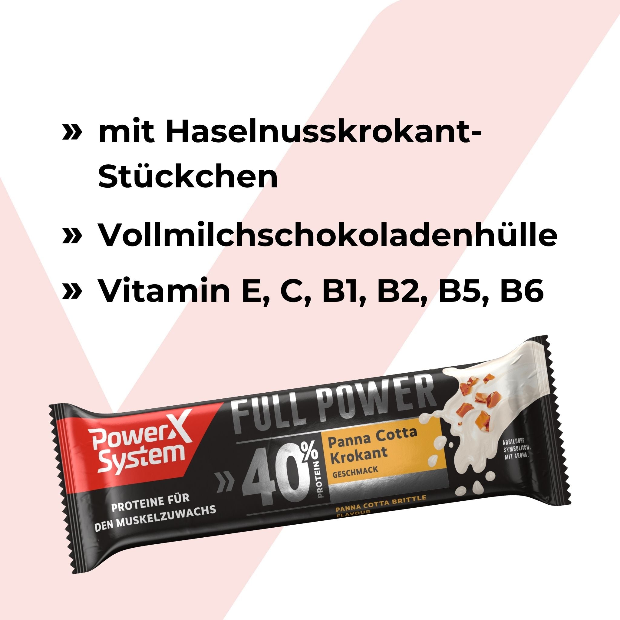 Full Power Riegel mit Haselnusskrokant, Vollmilchschokoladenhülle und Vitaminen E, C, B1, B2, B5; B6