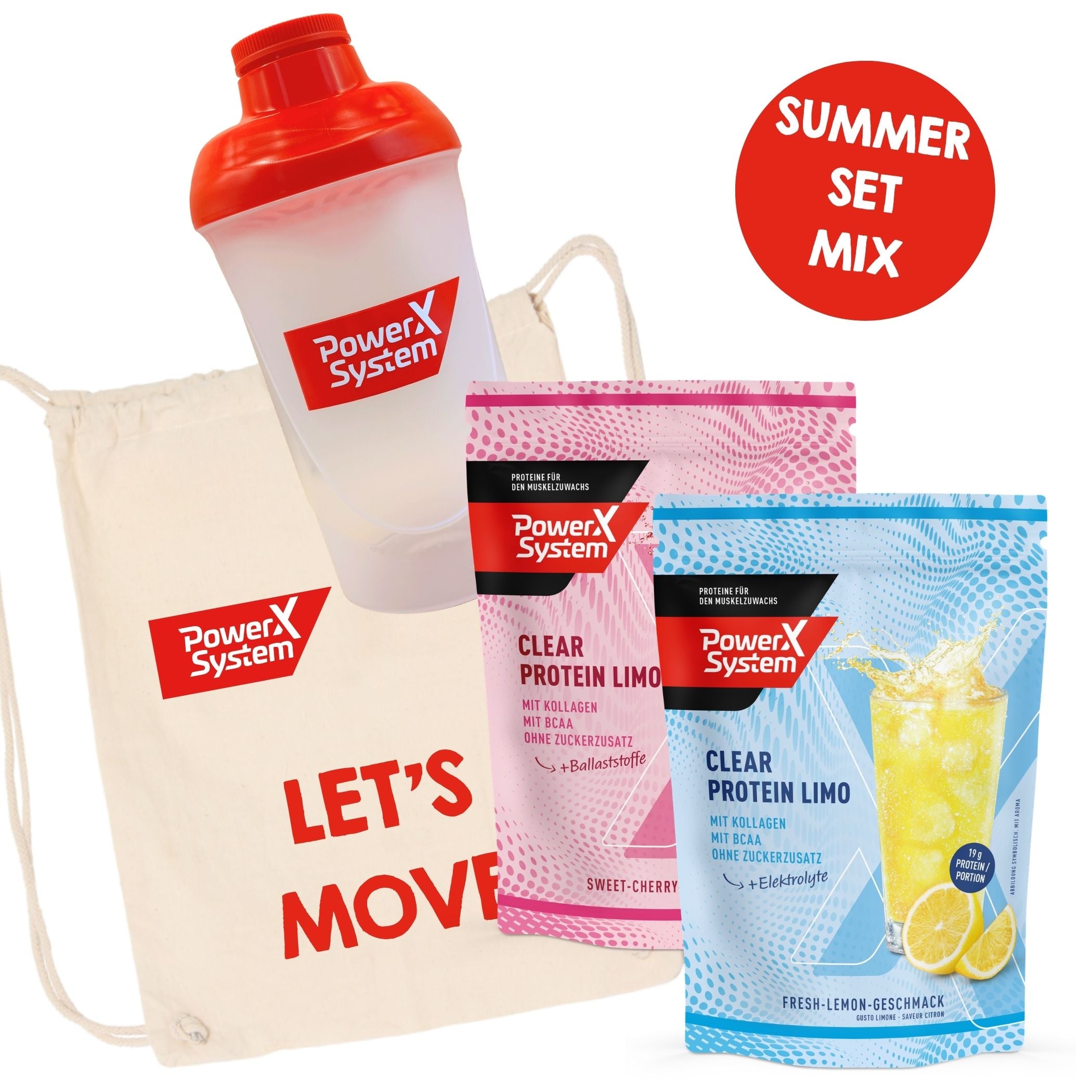 Power System Summer Set Mix mit zwei Clear Protein Limo Pulverbeuteln (Sweet-Cherry rosa und Fresh-Lemon hellblau), einem transparenten Protein-Shaker mit rotem Deckel und Power System Logo sowie einem beigen Baumwoll-Turnbeutel mit rotem Aufdruck "Let's Move". Alle Produkte mit Power System Branding auf weißem Hintergrund. Rotes Banner mit Aufschrift "Summer Set Mix".