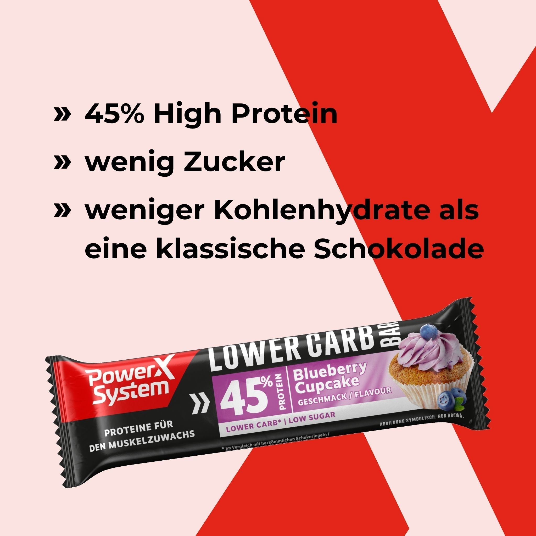 Lower Carb Proteinriegel mit 45% Protein, wenig Zucker und weniger Kohlenhydrate als eine klassische Schokolade