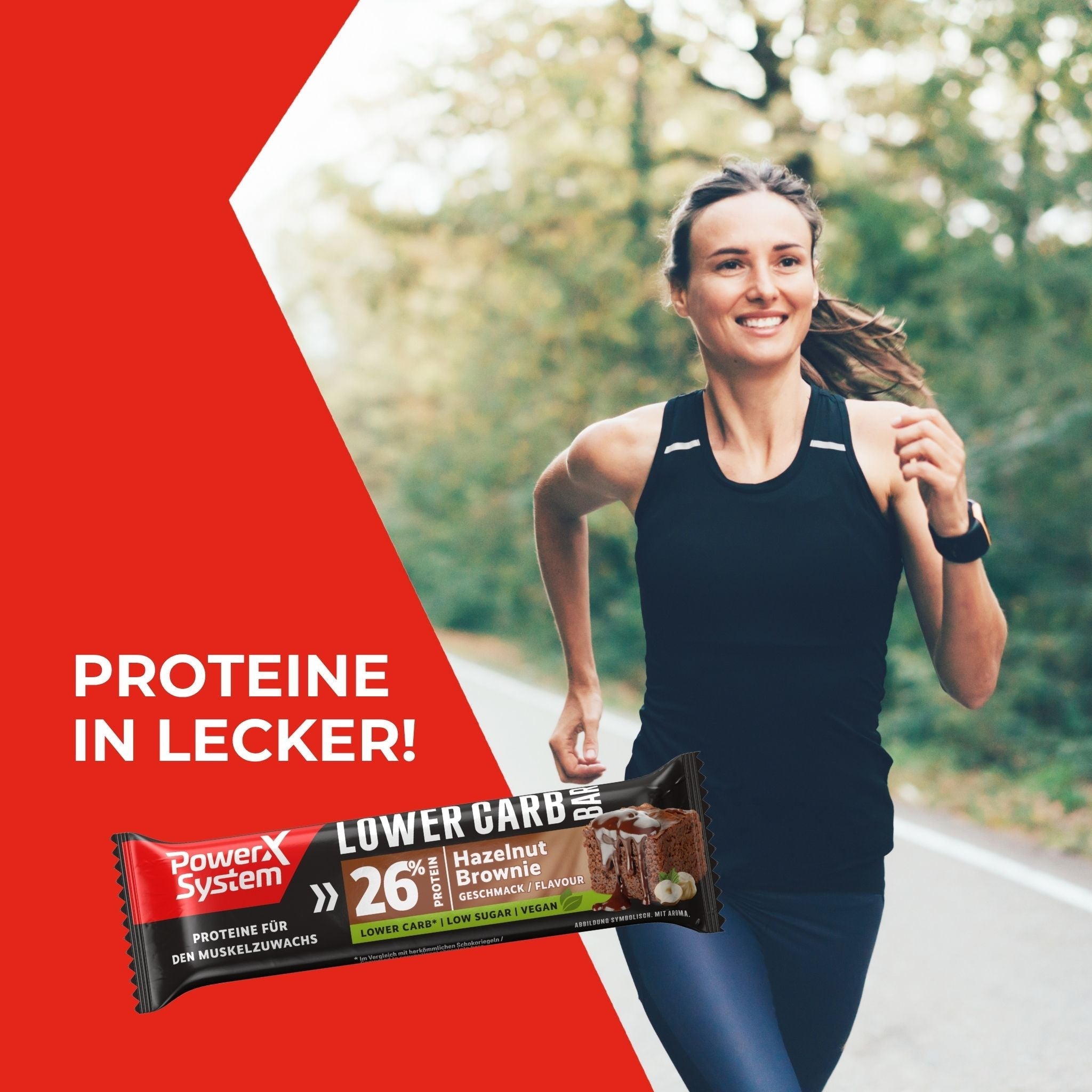 Frau beim Sport. Spruch: Proteine in lecker