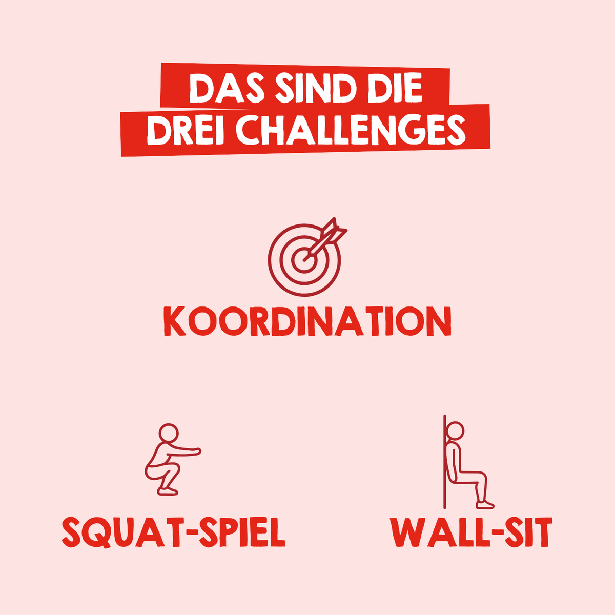 Die drei Kategorien bei der Lets Move Challenge werden visuell erklärt: Koordnitaiuon, Squat Spiel und Wall-Sit