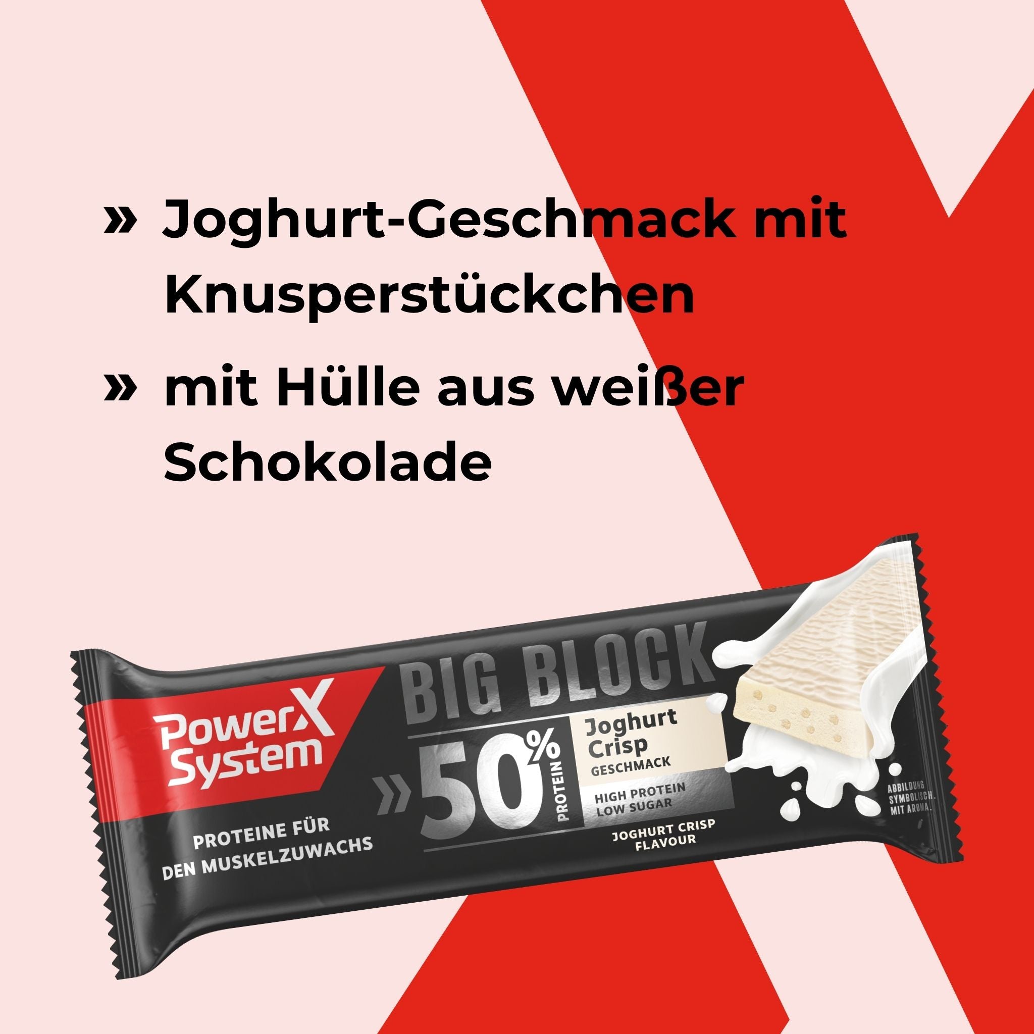 Riegel mit Joghurt Geschmack und Knusperstücken und einer Hülle aus weißer Schokolade