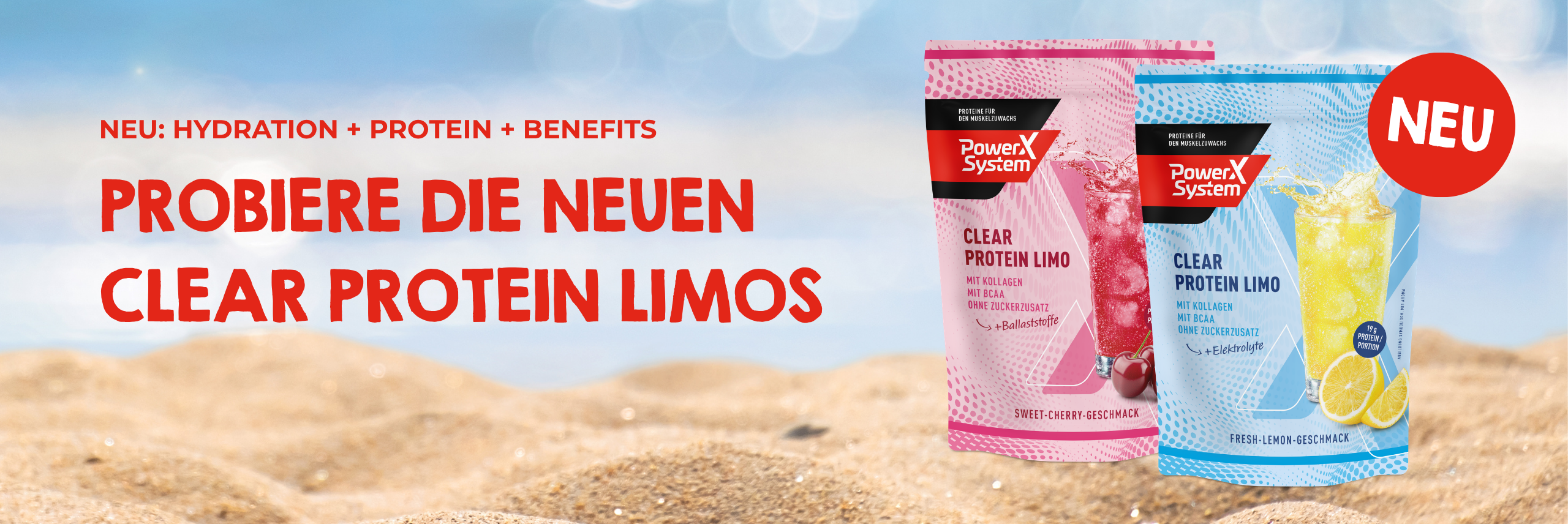 Neu: Hydration plus Protein plus Benefits - dein neuer Durstlöscher. Die beiden neuen Sorten Clear Protein Limo auf einem Strand