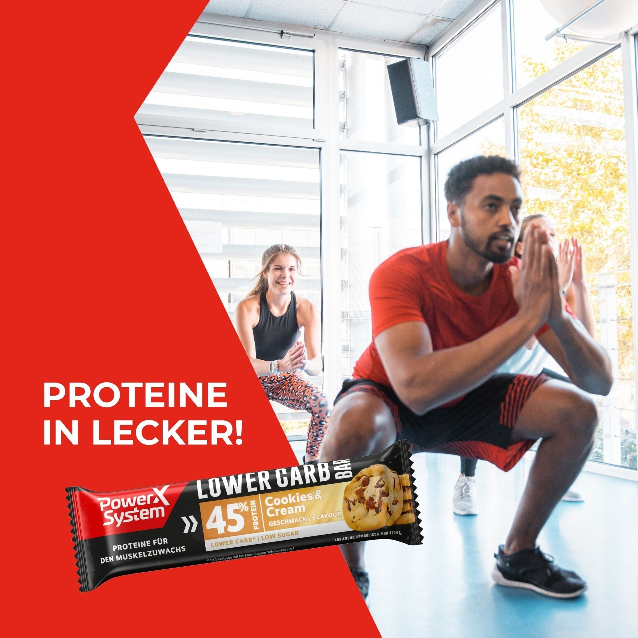 Menschen beim Sport. Spruch: Proteine in lecker