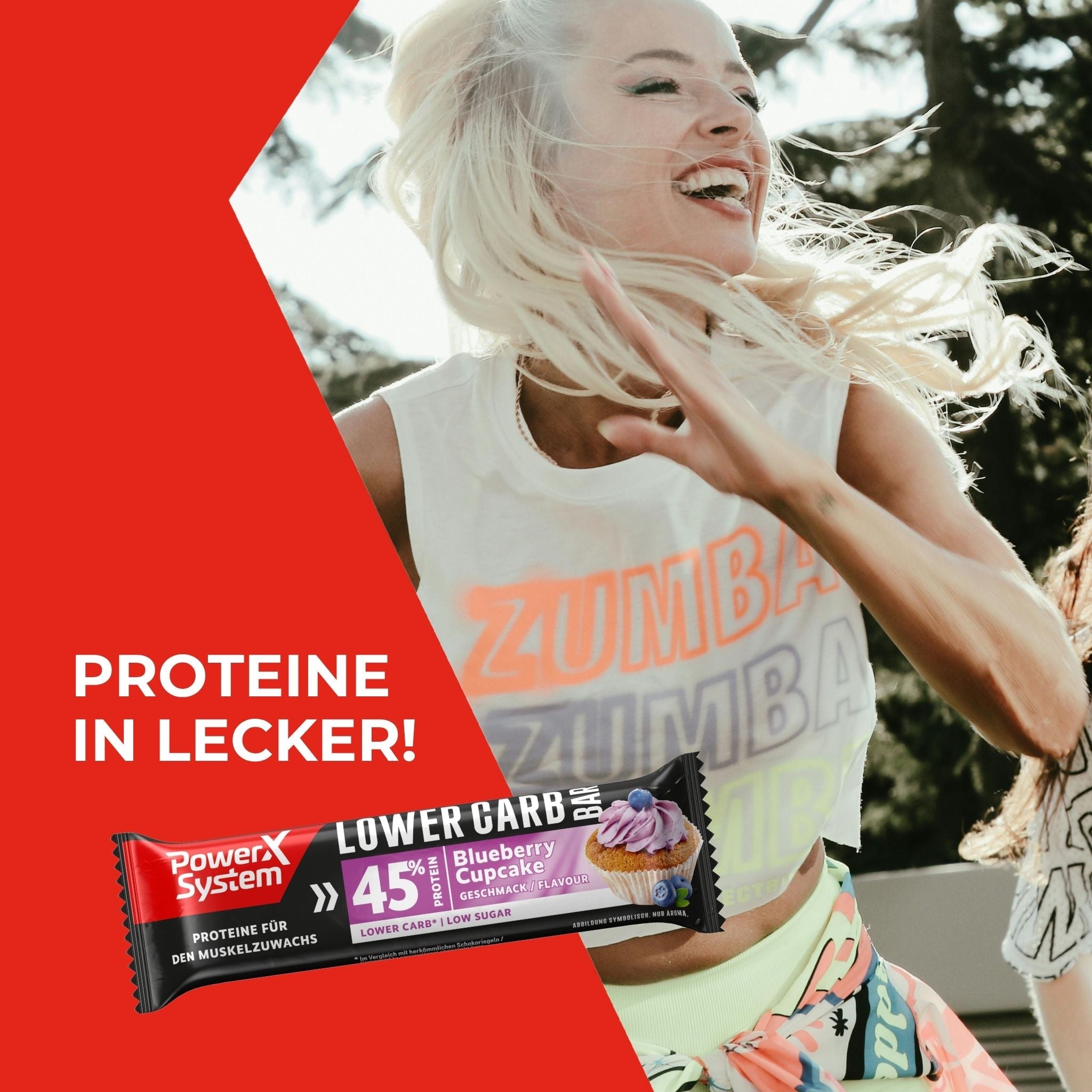 Frau beim Sport. Spruch: Proteine in lecker