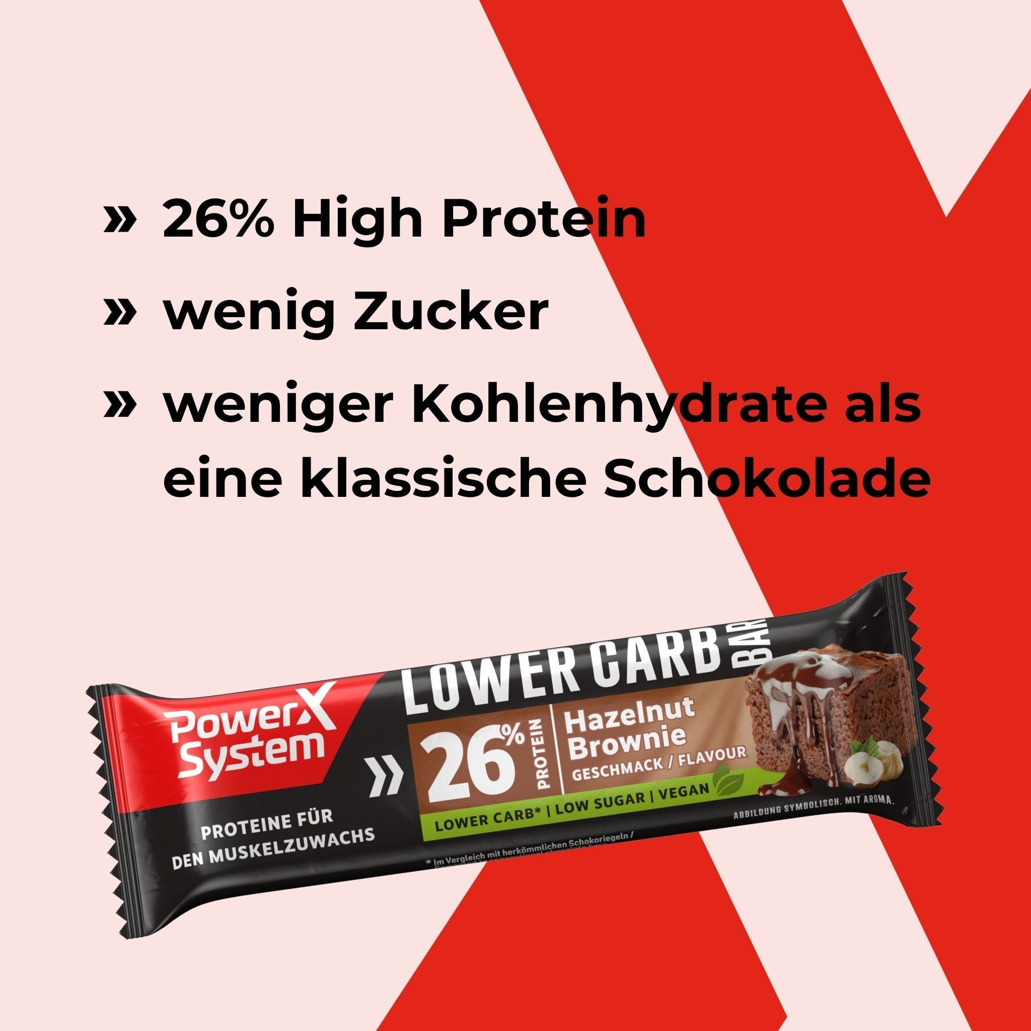 Lower Carb Proteinriegel mit 26% Protein, wenig Zucker und weniger Kohlenhydrate als eine klassische Schokolade
