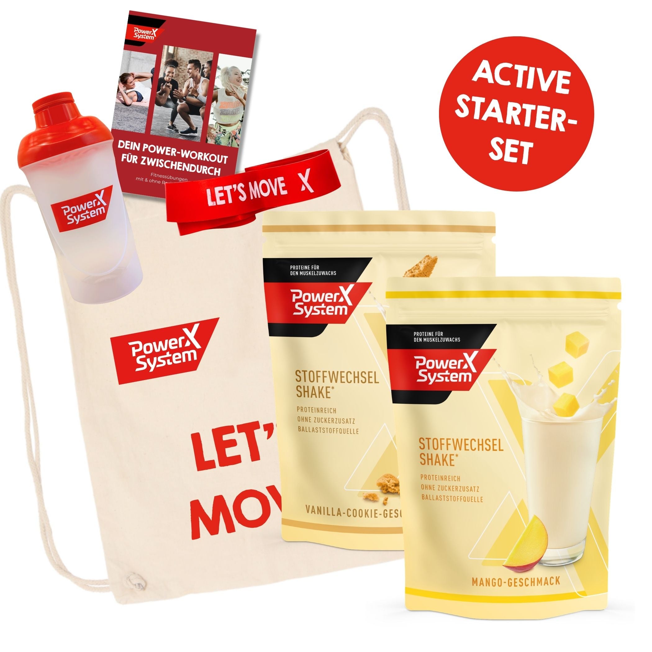 Inhalt des Startersets: 1 Stoffwechselshake Mango und Vanilla-Cookie, 1 Shaker, 1 Fitnessband, 1Übungsbuch und 1 Turnbeutel