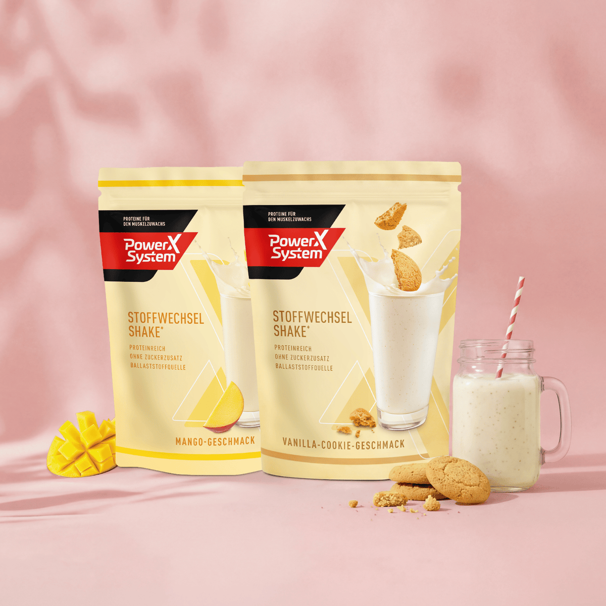 Produktansicht der Stoffwechsel-Shakes Mango und Vanilla-Cookie mit passenden Zutaten