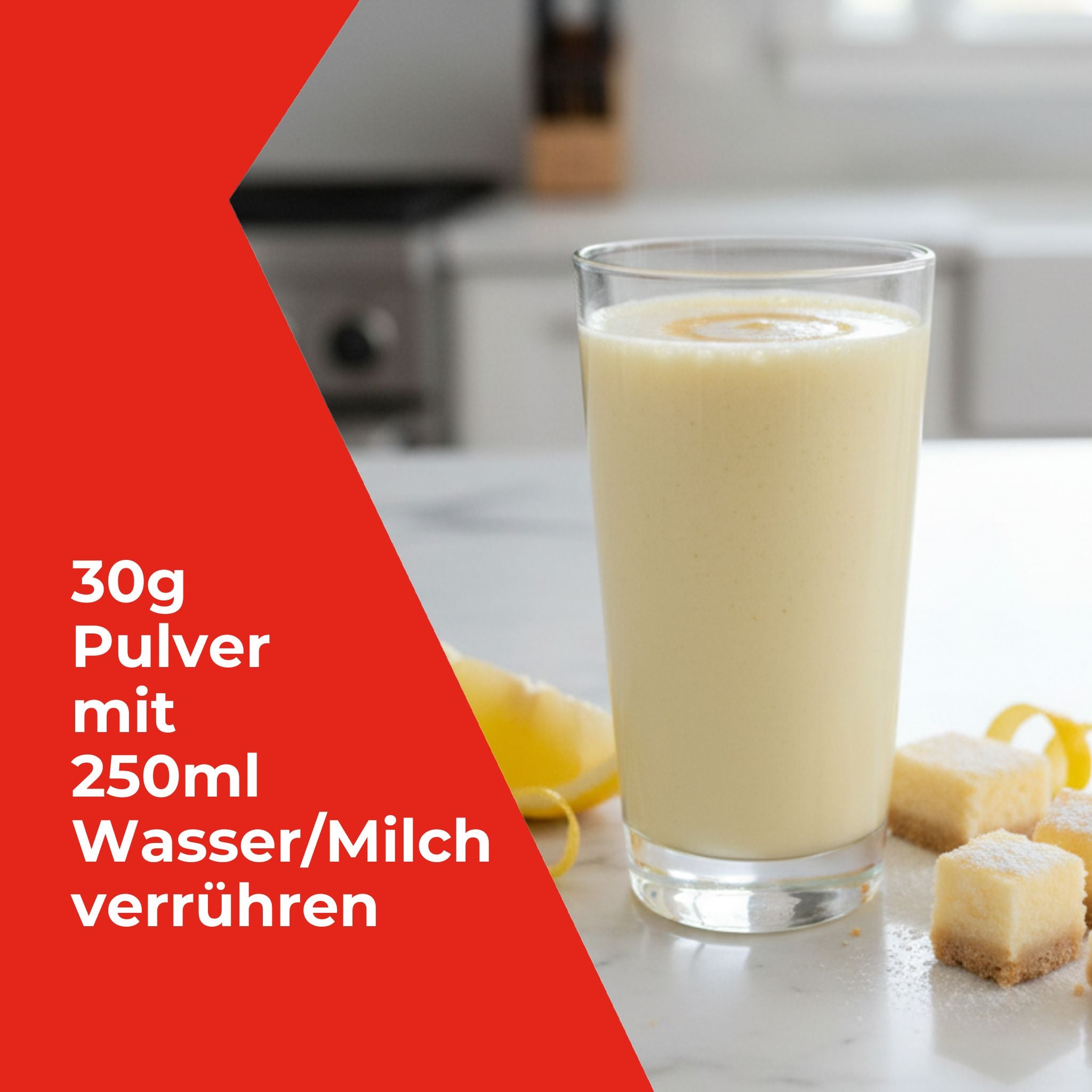 Zubereitung: 30g Pulver mit 250 ml Wasser oder Milch verrühren